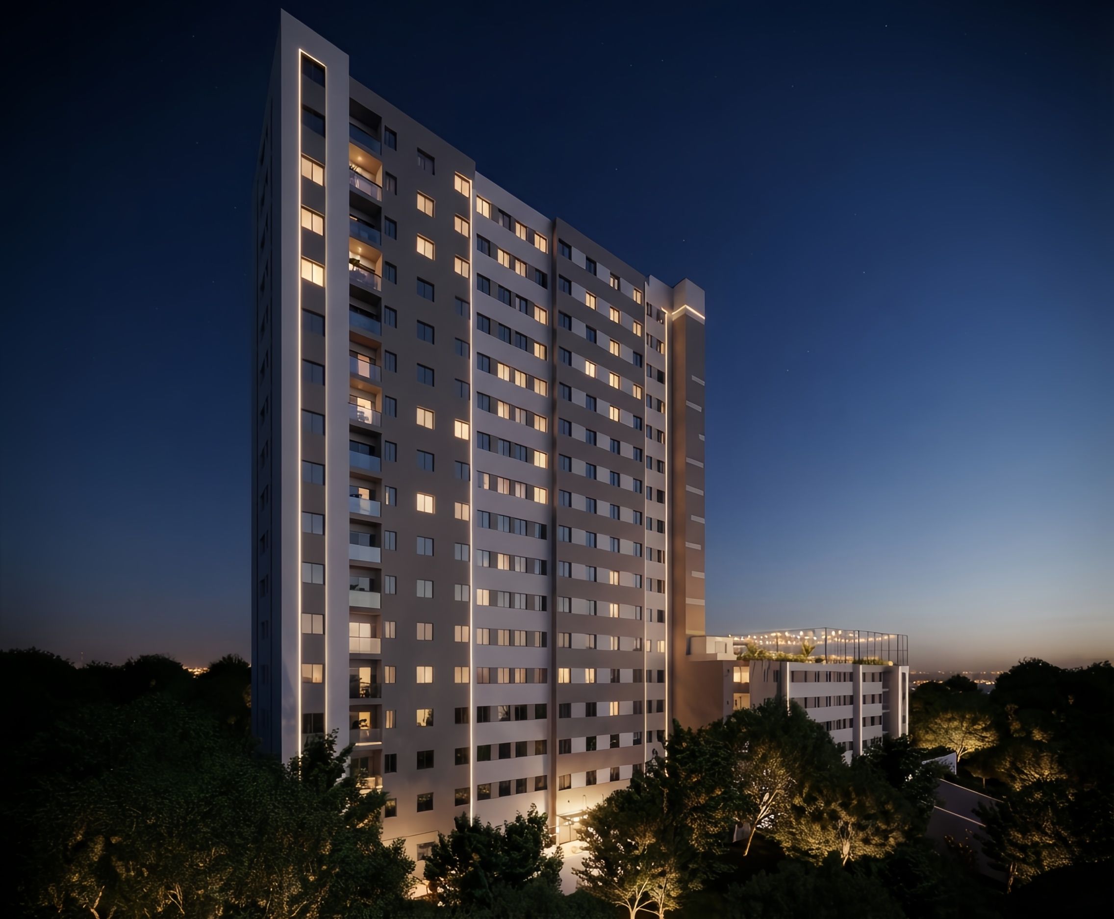 Render noturno de uma torre residencial de fachada clara, com janelas acesas e uma faixa de luz na lateral, cercada por árvores iluminadas.