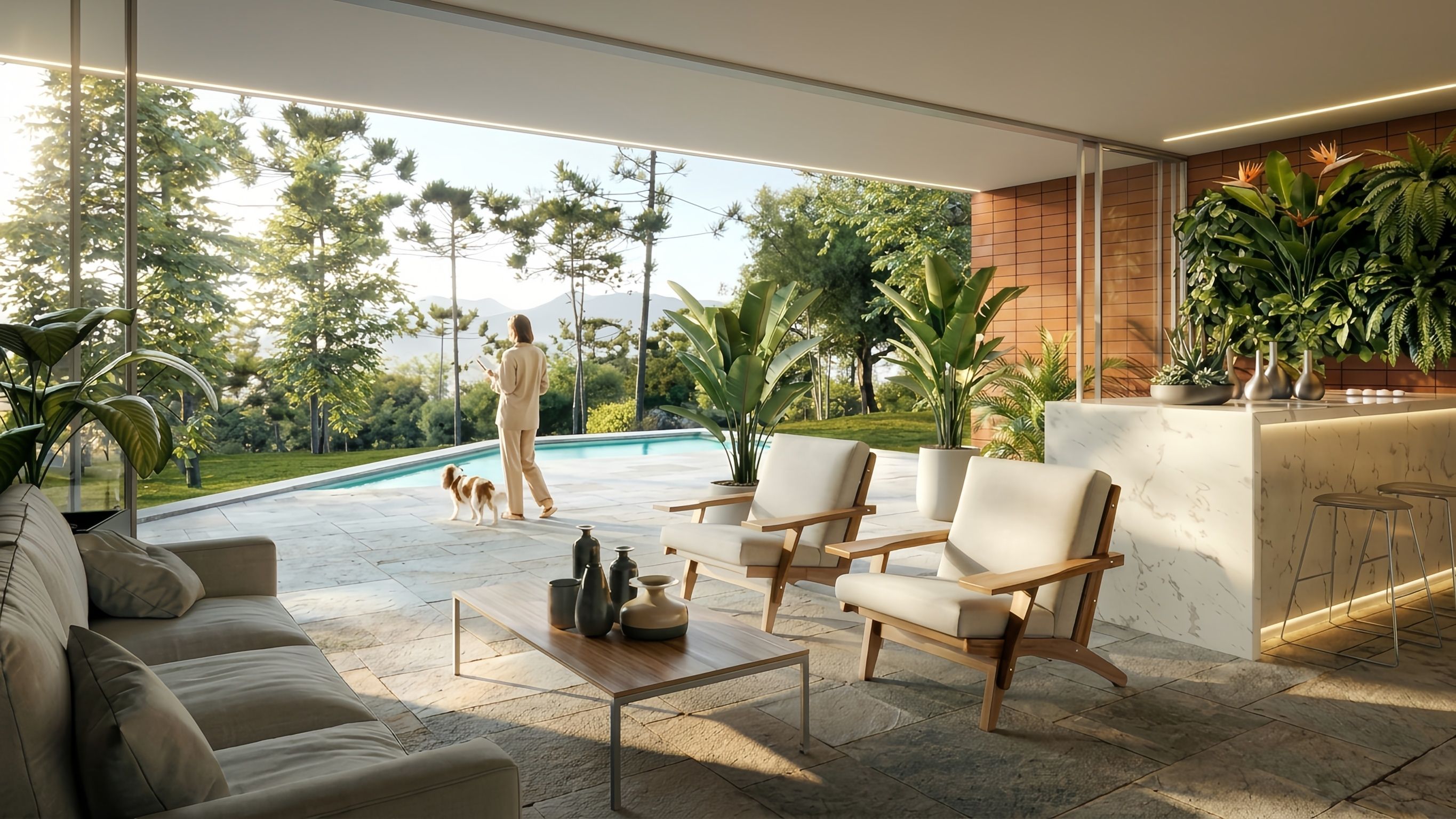 Render de uma varanda de lazer em luz do dia, com sofá, poltronas, piscina e vista para pinheiros e montanhas.